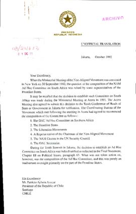 [Carta del Presidente de la República de Indonesia referente a la Cumbre del Movimiento de los No Alienados y a la creación de un Comité Ad Hoc del Movimiento sobre África del Sur]