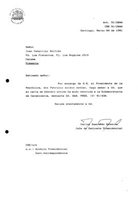Carta remitida a la Subsecretaria de Carabineros