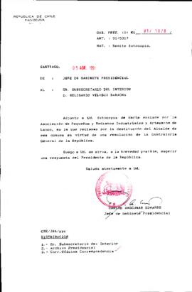 [Remite carta enviada por Asociación de Pequeños y Medianos Industriales y Artesanos de Lanco a Subsecretario del Interior]