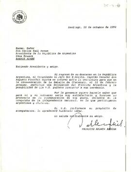 [Carta de invitación a conmemoración de la Batalla de Chacabuco del Presidente Aylwin a Carlos Menem].