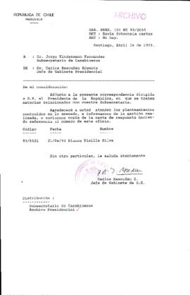 [Oficio  Gab. Pres. Ord. N° 2055 de Jefe de Gabinete Presidencial, remite copia de carta que se indica]