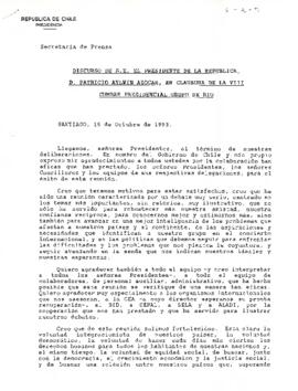 Discurso de s.e. el presidente de la república, D. Patricio Aylwin Azócar, en clausura de la VIII cumbre presidencial grupo de rio.