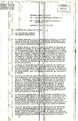Carta desde la Intendencia de la Octava Región del Bío Bío - Reservado Secrej. N°001/92, dirigido al sr. Ministro del Interior, sr. Enrique Krauss Rusque